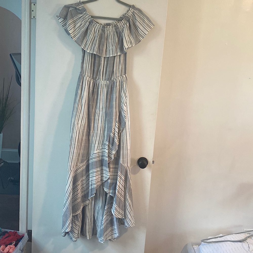 Off Shoulder Blue/White Boho Dress